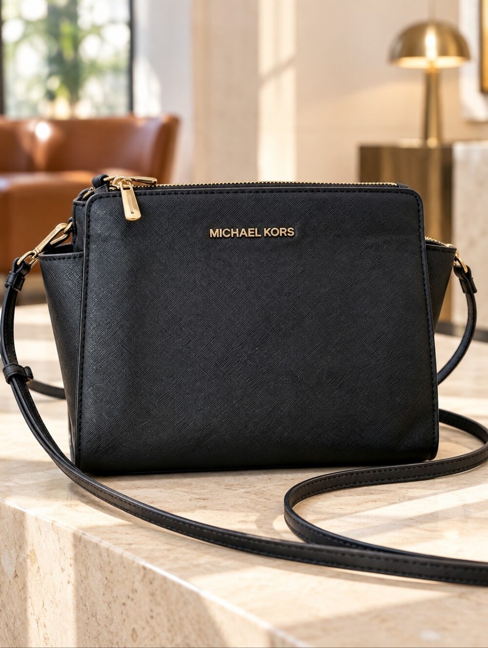 Michael Kors Selma Medium Messenger Black Saffiano Leather Crossbody Bag